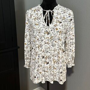 Cure Women's Blouse Large White Floral Peasant Top 3/4 Sleeve Split Neck Boho
